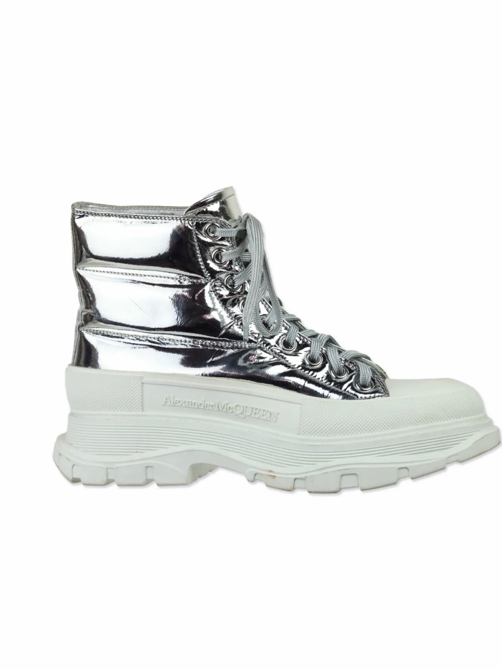 Alexander McQueen Slick Metallic Silver Puffer Lace Up Platform Boots Women Sz 8